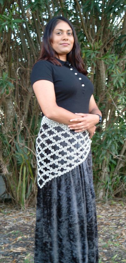 Silver knotted mail scarf, modeled as a skirt